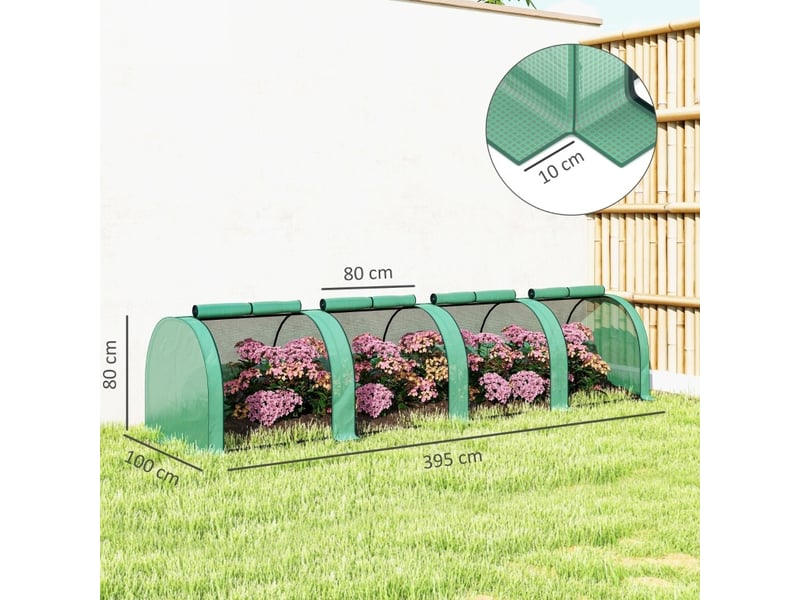  Serre tunnel de jardin 395 x 100 x 80 cm – verte – 4 fenêtres zippées, cadre en acier et film pe  - Conforama C