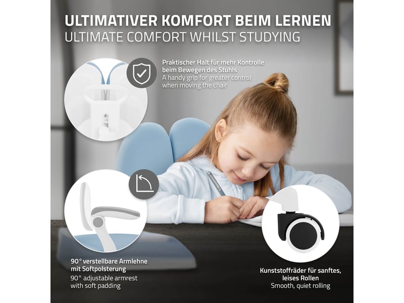  Ml-design chaise de bureau pour enfant 95-107 cm bleu avec dossier divisé et repose-pieds siége d'étude ergonomique pivotant 360° hauteur réglable accoudoirs rabattables tissu respirant confortable  - Conforama D