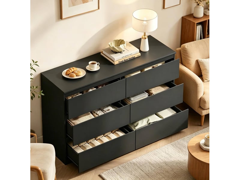 Commode 120x75x40 cm noire en bois construction e1 avec 6 tiroirs 4071258359291 - Conforama D