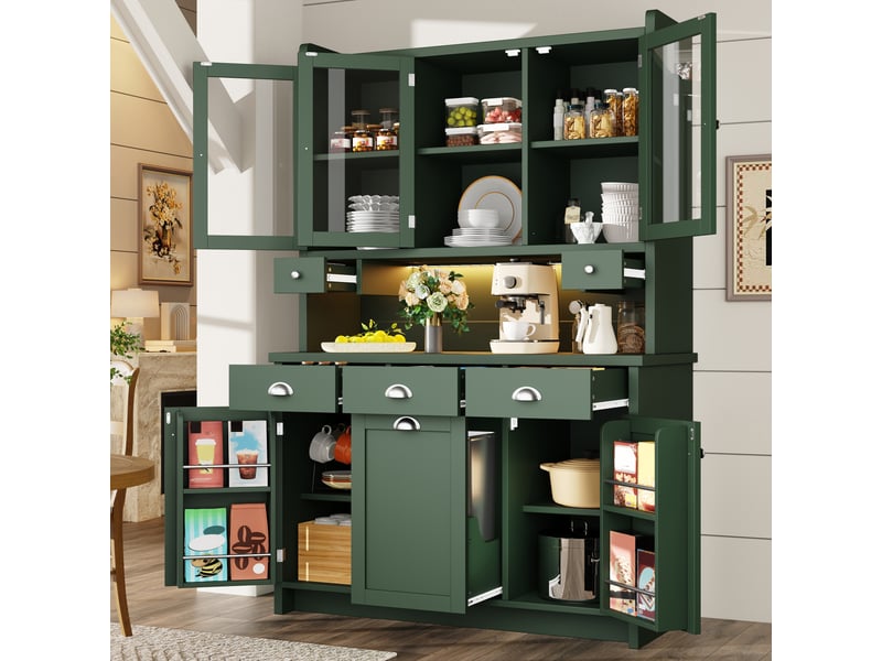 Meuble de cuisine 120 x 40 x 180 cm avec éclairage led, 3 portes vitrées, grand espace de rangement, vert evarich - Conforama D