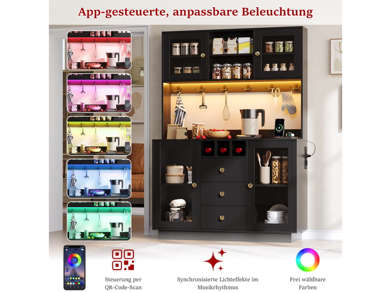  Buffet de cuisine noir haut 120x40x170cm, meuble rangement avec 3 tiroirs et portes acrylique transparentes pour salle à manger moderne  - Conforama E