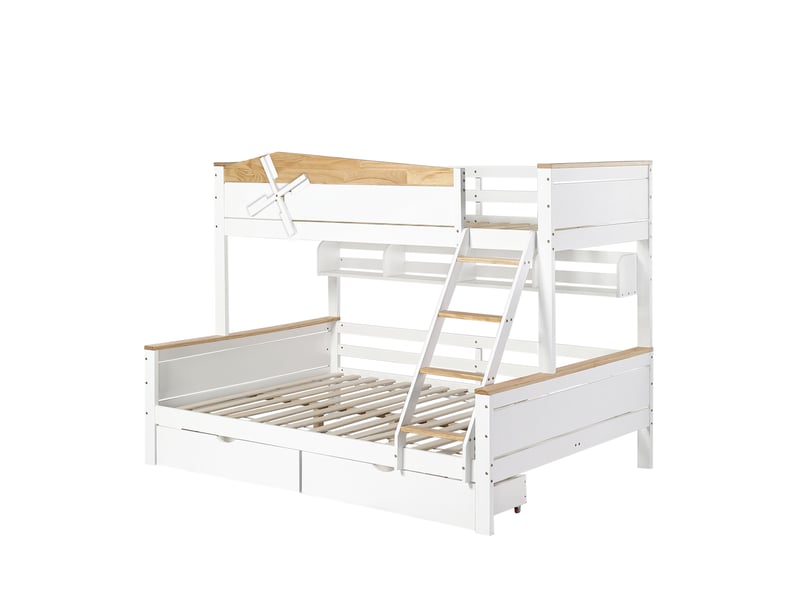  Lit superposé enfant 90x200 et 140x200 cm – blanc et naturel – éolienne, rangements et 2 tiroirs bas  - Conforama D