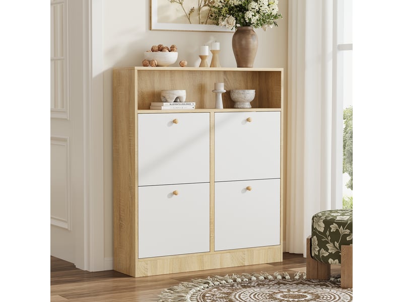  Meuble à chaussures à 4 portes, étroit, avec étagères ouvertes et séparateurs réglables, gain de place pour entréecouloir, naturel et blanc, l 90 x p 24 x h 104,5 cm  - Conforama W