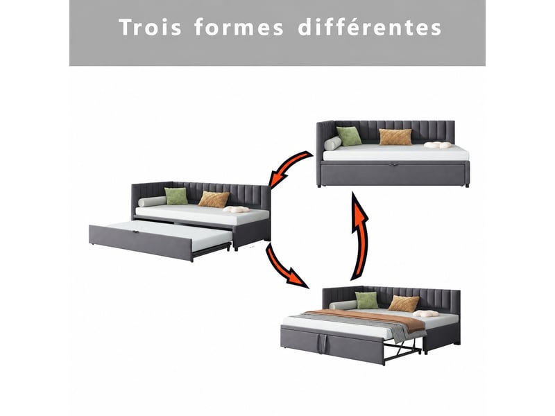  Canapé-lit gigogne d'angle multifonction 90 x 200 cm en velours gris, couchage 180 x 200 cm  - Conforama E