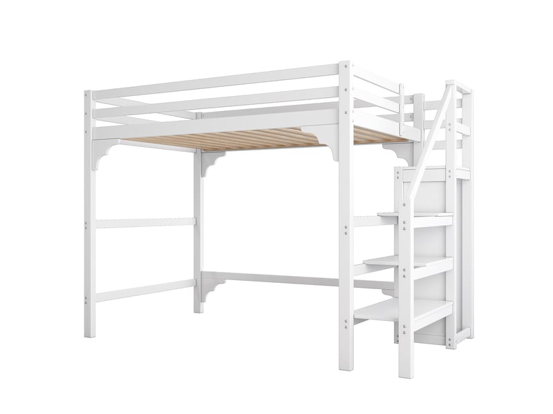  Lit mezzanine avec armoire et escalier, structure en pin et mdf blanc, couchage 140 x 200 cm  - Conforama W