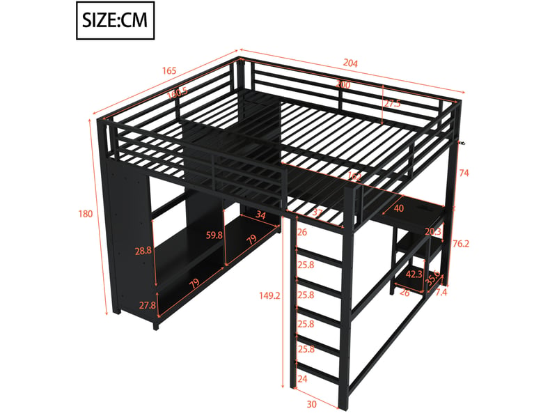 Lit mezzanine 160x200 cm en métal avec led, bureau, penderie et étagères noir - Conforama C