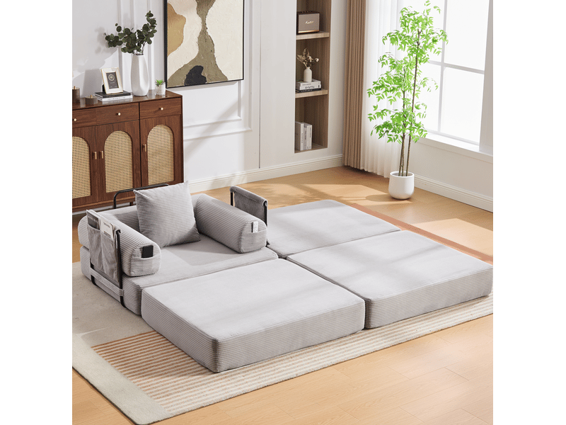  Fauteuil modulable 1 place avec pouf en velours côtelé gris clair - 112 x 190 x 67 cm  - Conforama B