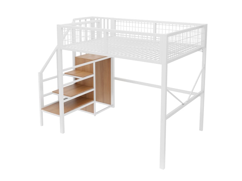  Lit mezzanine enfant 2 place 140x200 cm lit adulte lit double en métal avec éclairage led escalier de rangement, blanc  - Conforama R