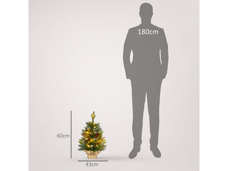  Sapin de noël 60 cm arbre de noël de table avec lumière led, 141 pointes, pommes de pin et baies rouges, base en béton  - Conforama C