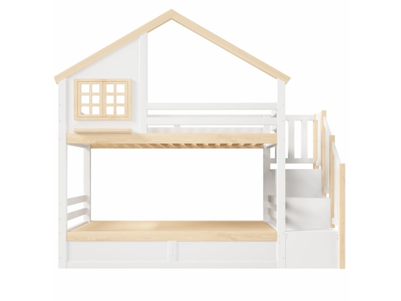 Lit superposé, 90 x 200 cm, hydraulique, avec barrière de sécurité, espace de rangement sous le lit, fenêtre et décoration intérieure, blanc et naturel - Conforama E