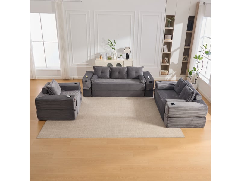 Canapé convertible 2 places avec mousse, ressorts, poches latérales et porte-gobelet en velours côtelé gris foncé - Conforama E