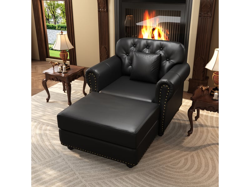  Fauteuil chesterfield fixe noir en simili cuir avec ottoman, 105 x 76 x 86 cm, coussin inclus 105X76X86cm - Conforama B