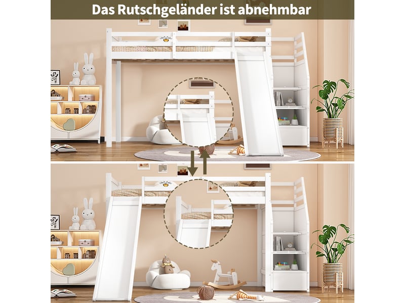 Lit 90x200 cm blanc, lit avec toboggan et escalier de rangement, lit mezzanine enfant en bois massif pour chambre, certifié en747 - Conforama W