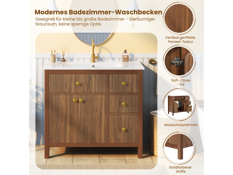 Meuble de salle de bain 91 cm avec vasque céramique, façade ondulée, noyer, portes soft-close - Conforama E