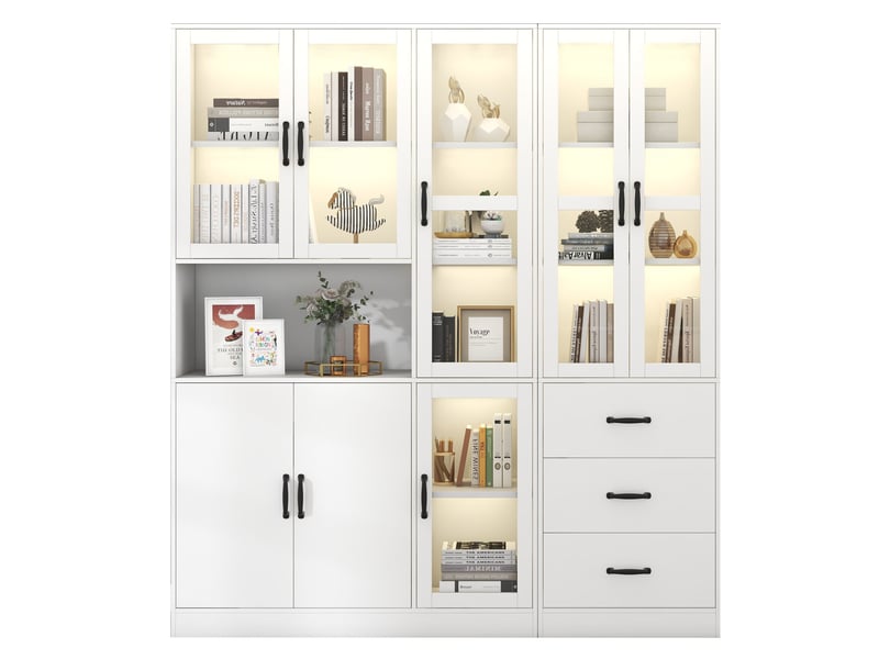 Vitrine led avec 8 portes et 3 tiroirs de rangement pour salon ou salle à manger, blanche, 180 × 40 × 200 cm - Conforama A