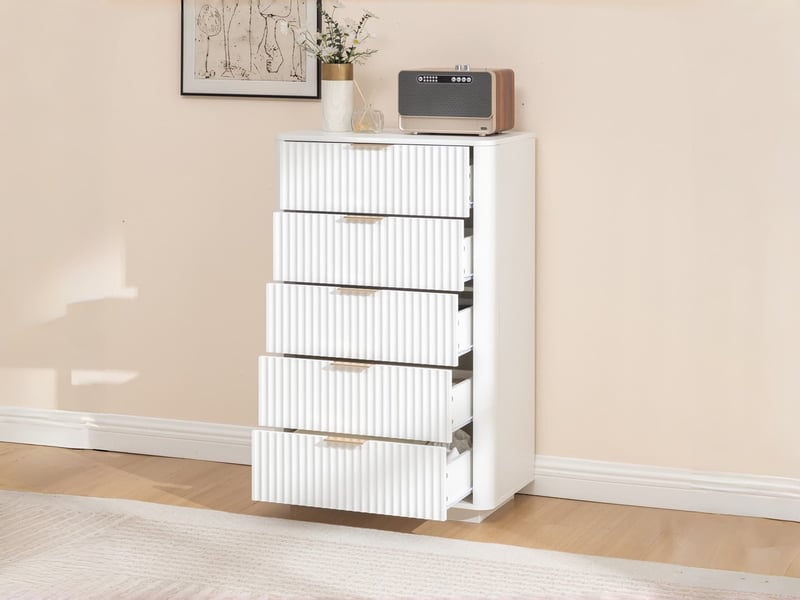  Commode à 5 tiroirs, 108 x 40 x 70 cm, meuble de rangement blanc moderne avec poignées en métal, pour chambre, salon ou entrée  - Conforama B