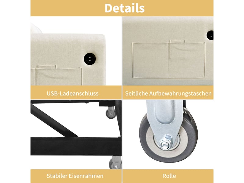 Canapé d'angle 2 places en lin beige avec dossier inclinable 3 positions, port usb et tiroir intégré - Conforama D