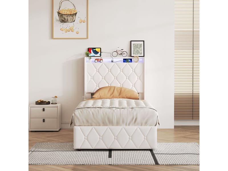 Lit coffre simple 90x200 cm avec tête de lit matelassée et sommier, led et ports usb-c, velours, beige, sans matelas - Conforama D