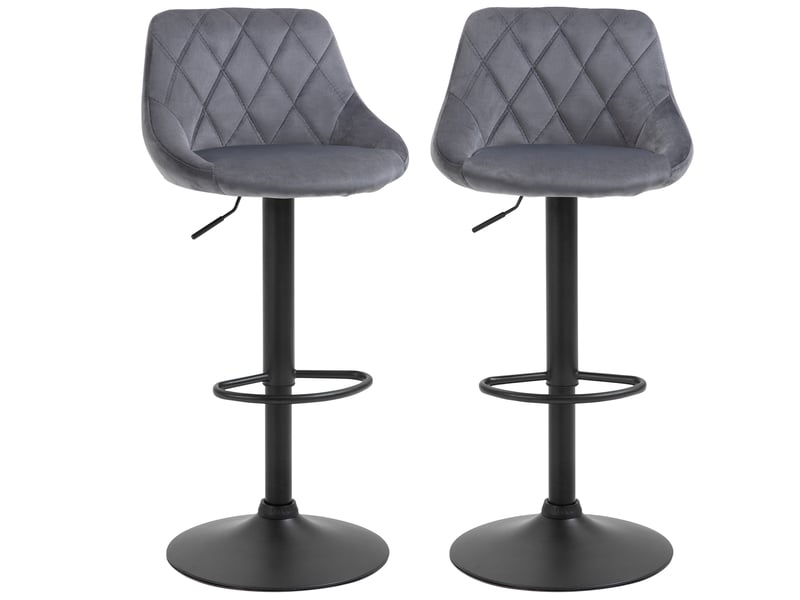  Lot 2 tabourets bar réglables, métalsimilicuir, hauts pivotants, dossier, repose-pieds, 46x48x83-104 cm, gris et noir.  - Conforama B