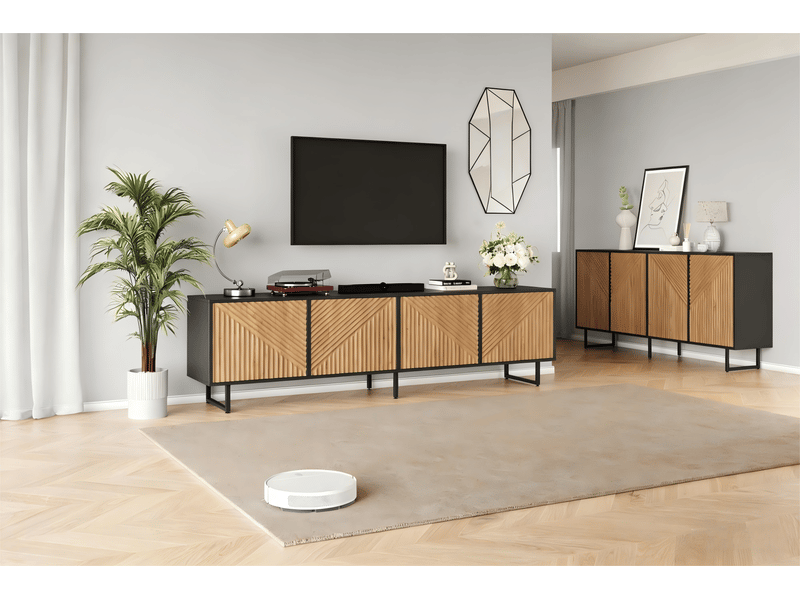  Ensemble rayofi meuble tv 180 x 40 x 50 cm et buffet 160 x 40 x 75 cm, bois naturel et noir, 4 portes, capacité 40 kg  - Conforama E
