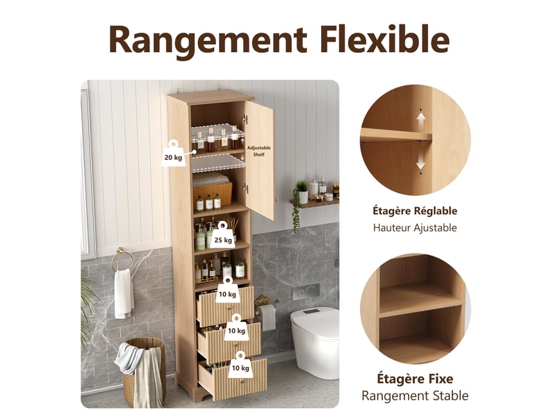 Meuble de salle de bain 40x30x172 cm, armoire de rangement, 3 tiroirs, design moderne et simple, mdf, couleur naturel - Conforama E