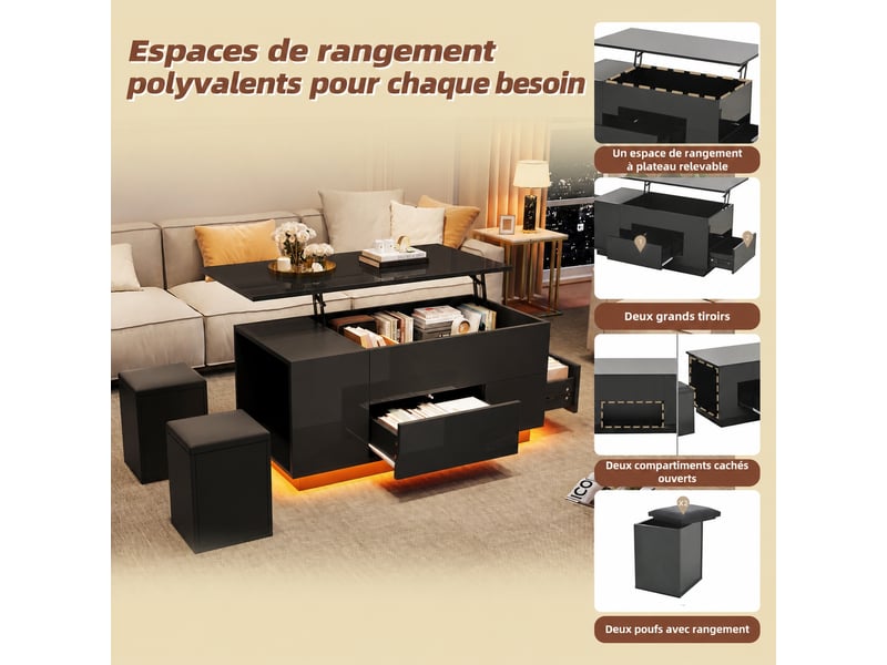 Table basse relevable noire 4 en 1, led, 2 tiroirs et 2 poufs, 100 x 50 cm, noir - Conforama D