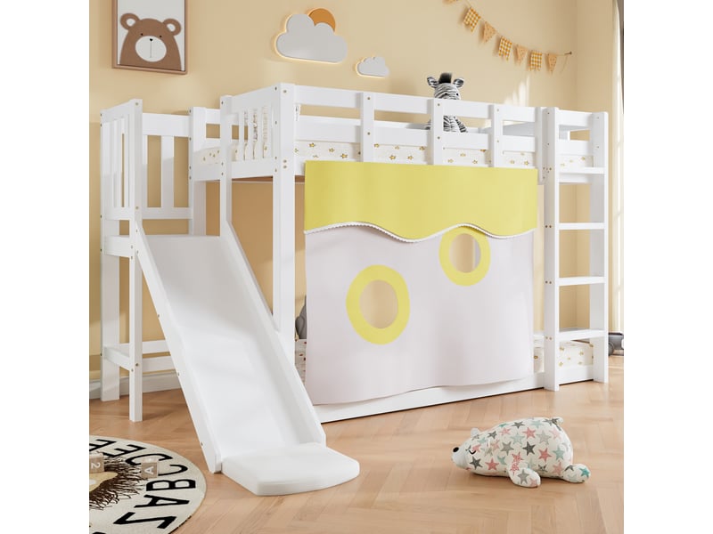  Modenvie lit superposé 90x200 cm - avec escalier, toboggan et rideaux - pour chambre d'enfant - blanc  - Conforama B