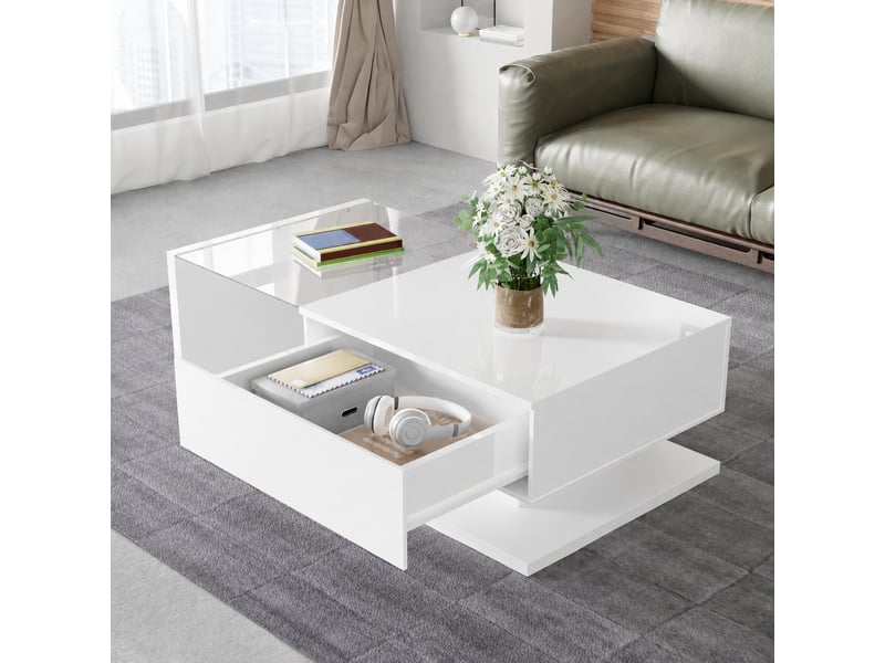  Table basse blanche brillante avec plateau en verre trempé et éclairage led, 105 x 55 cm  - Conforama D