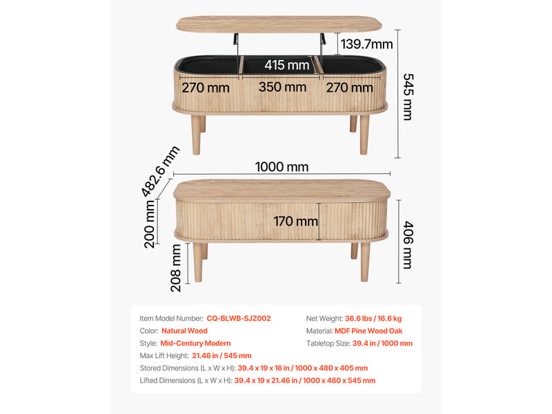  Vevor table basse relevable ovale, plateau 1000 mm, rangement 3 compartiments, mécanisme de levage métallique, bois naturel CQ-BLWB-SJZ002 - Conforama C