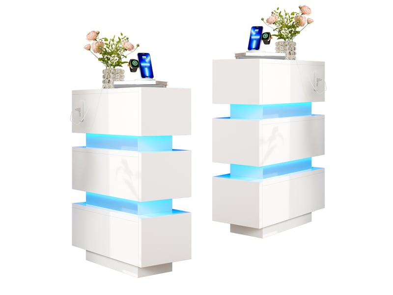  Lot de 2 tables de chevet blanches 20x40x59,5 cm, 3 tiroirs, prises et led  - Conforama A