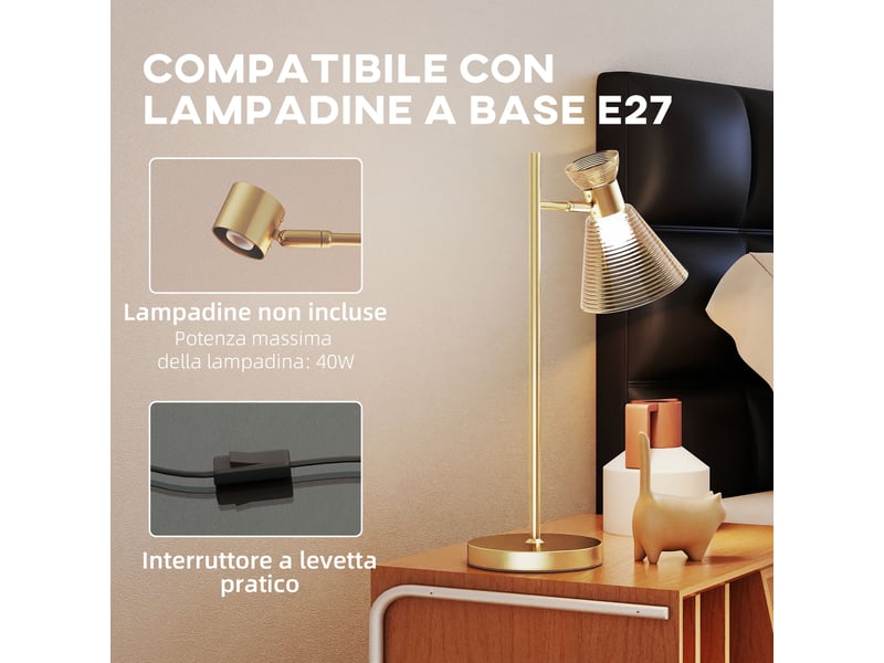  Lampe de table moderne avec abat-jour réglable en verre ambré et satiné, douille e27, dorée  - Conforama E