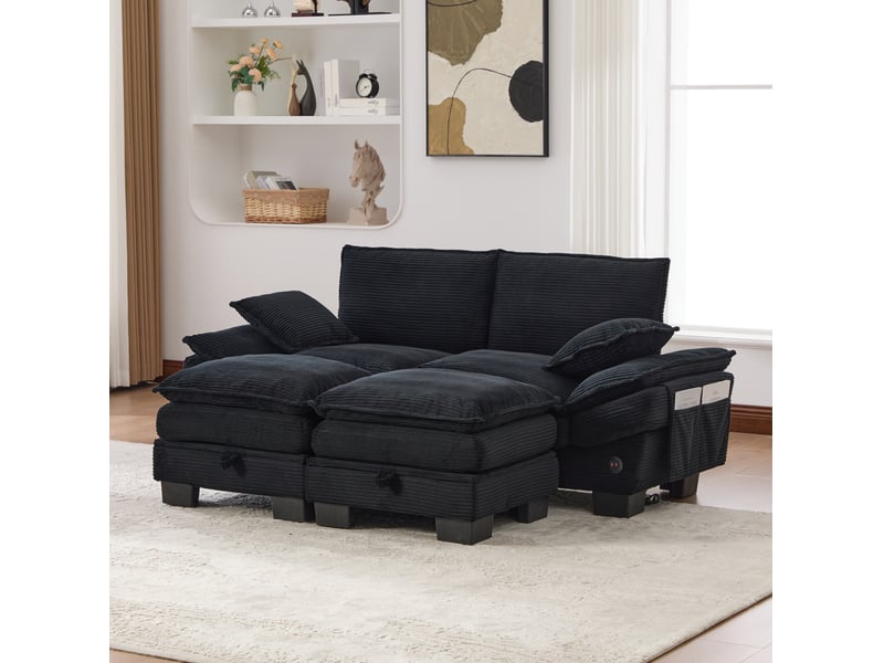 Canapé droit modulable 2 places en velours côtelé noir avec 2 poufs, usb-c et rangement pour le salon - Conforama E