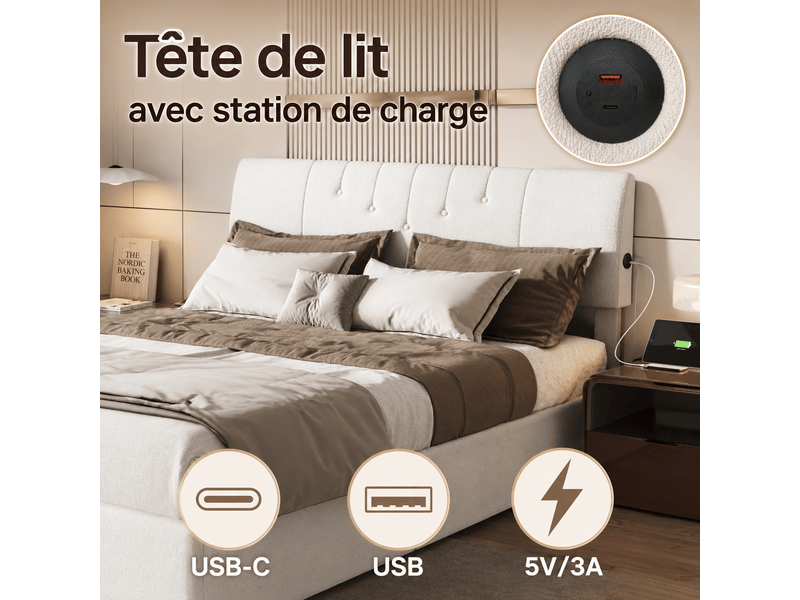  Lit coffre hydraulique 140x190 avec sommier à lattes - tête de lit rembourrée  - rangement - velours teddy - lit double 2 personnes 140x190cm avec , tête de lit capitonné avec chargement usb type-c, 2 personnes, tissu sherpa, bl…  - Conforama B