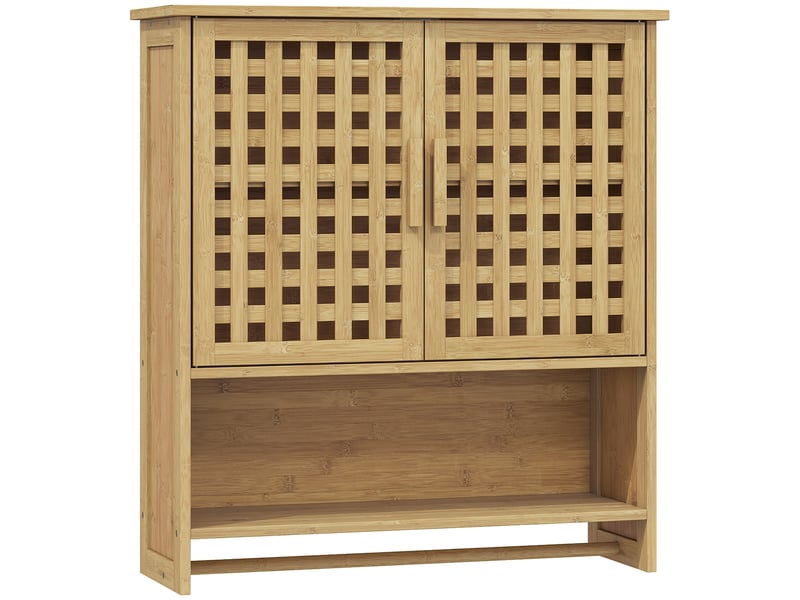Armoire murale salle de bain style natural bamboo 2 portes étagère niche porte serviette - Conforama A