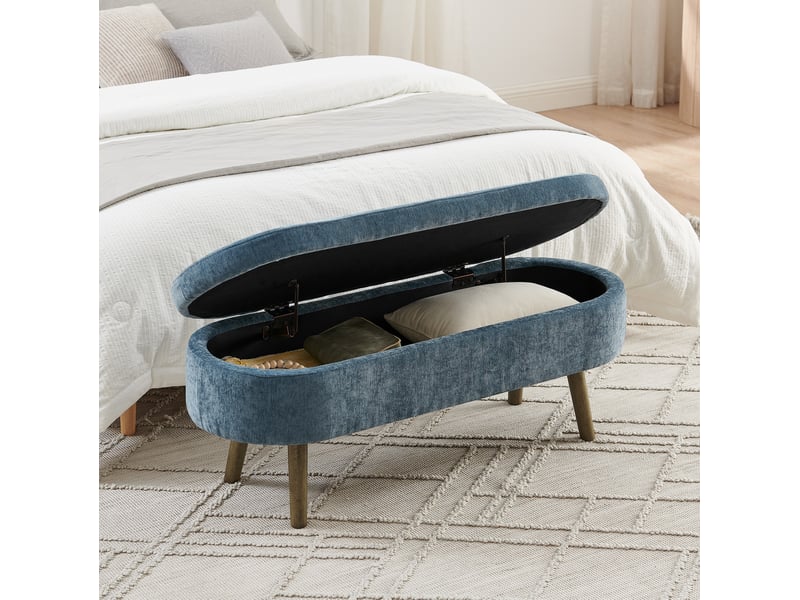  Banc de rangement 110x40x42 cm, coffre 20 l, pieds en bois, meuble chambre, meuble bureau et salon, velours doux, bleu  - Conforama E