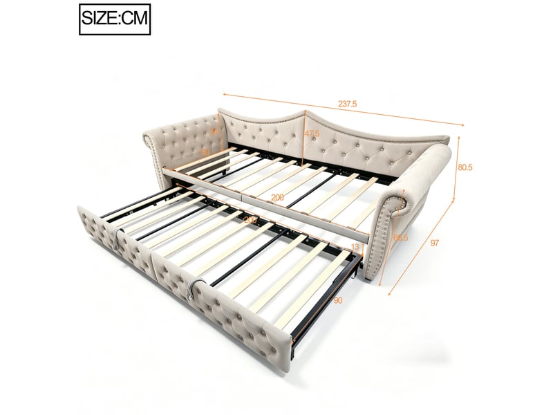  Lit gigogne 90x200 cm, canapé-lit 3-en-1 extensible en velours beige avec led et usb, sans matelas  - Conforama C