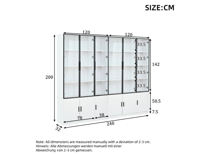 Vitrine avec 12 portes en verre, éclairage led et fermeture douce pour salon, en mdf blanc, 240 × 32 × 200 cm - Conforama E