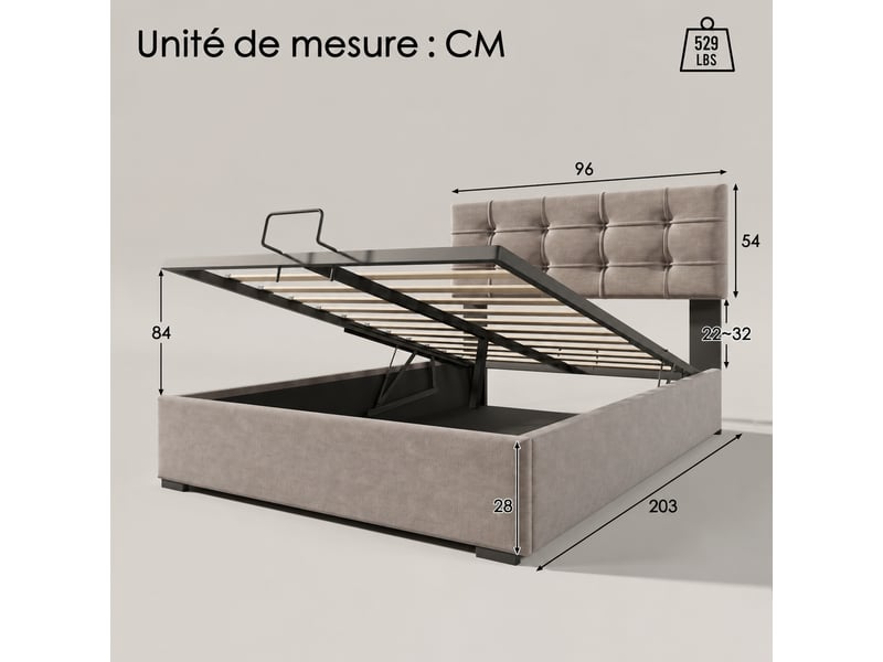  Lit coffre 90 x 200 cm en velours gris clair, tête de lit réglable, matelas inclus  - Conforama C