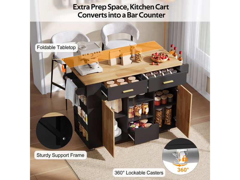  Desserte de cuisine extensible avec 3 tiroirs, étagère à épices, porte-serviettes et roulettes verrouillables pour cuisine  - Conforama E