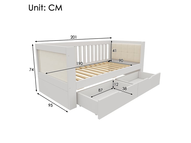  Modenvie lit banquette 90x190 cm - avec 2 tiroirs, sans matelas - pour petit espace - blanc  - Conforama C