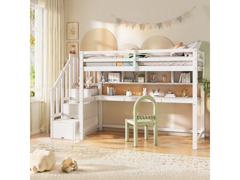 Lit mezzanine enfant 90 × 200 cm avec escalier de rangement, bureau et étagères, sans matelas, en bois blanc - Conforama B