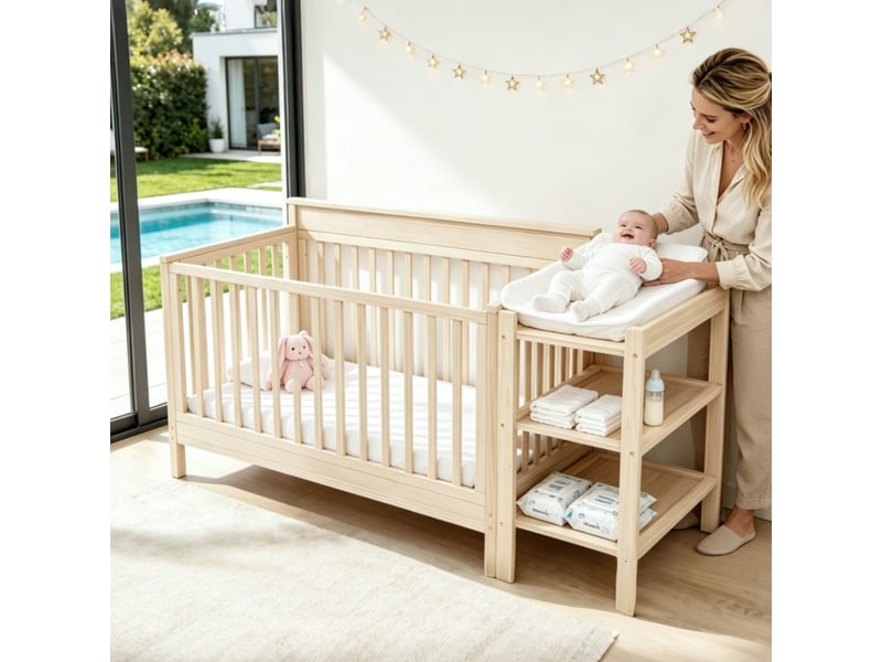  Lit bébé évolutif 3-en-1 – lit 70x140 cm - réglable sur 3 hauteurs - avec table à langer amovible et étagère de rangement - pin massif - naturel  - Conforama B