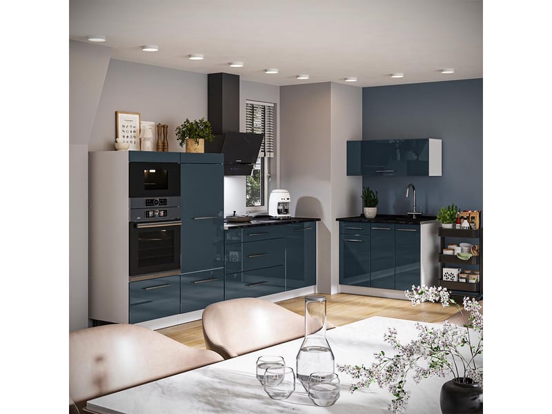  Vicco cuisine, bleu foncé brillantblanc, 380cm, pt chêne  - Conforama C
