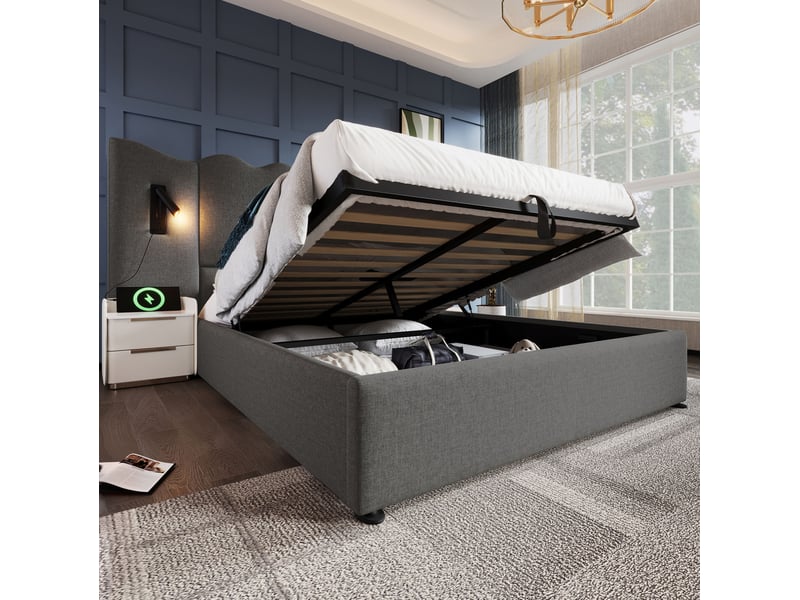 Lit coffre 160 × 200 cm 2 places avec lampe de lecture, usb et type-c, matelas inclus, en lin gris - Conforama C