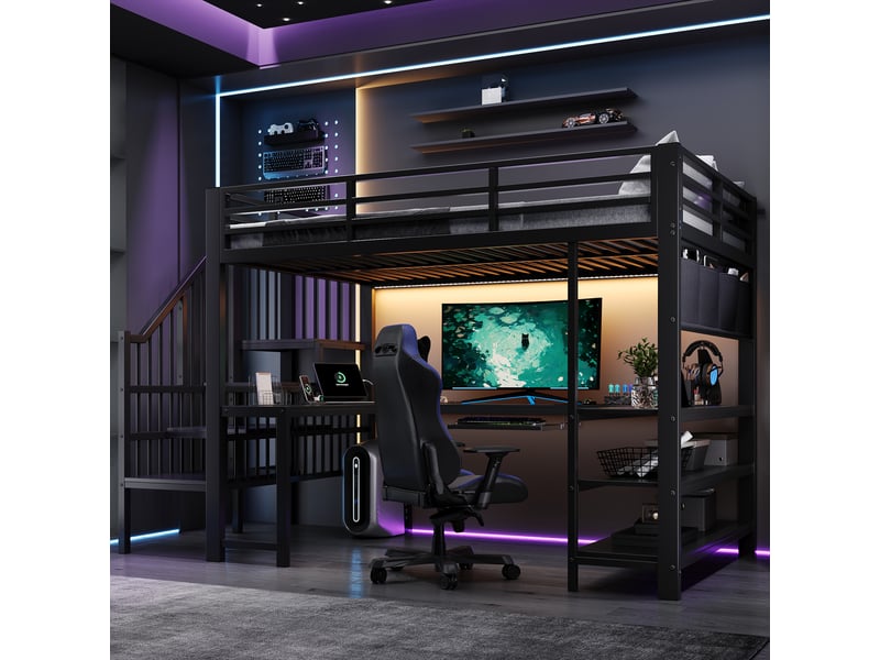 Lit mezzanine 120 x 200 cm - avec prise de courant et lumière led - avec bureau , plateau pour clavier et escaliers - noir (matelas non inclus) - Conforama E