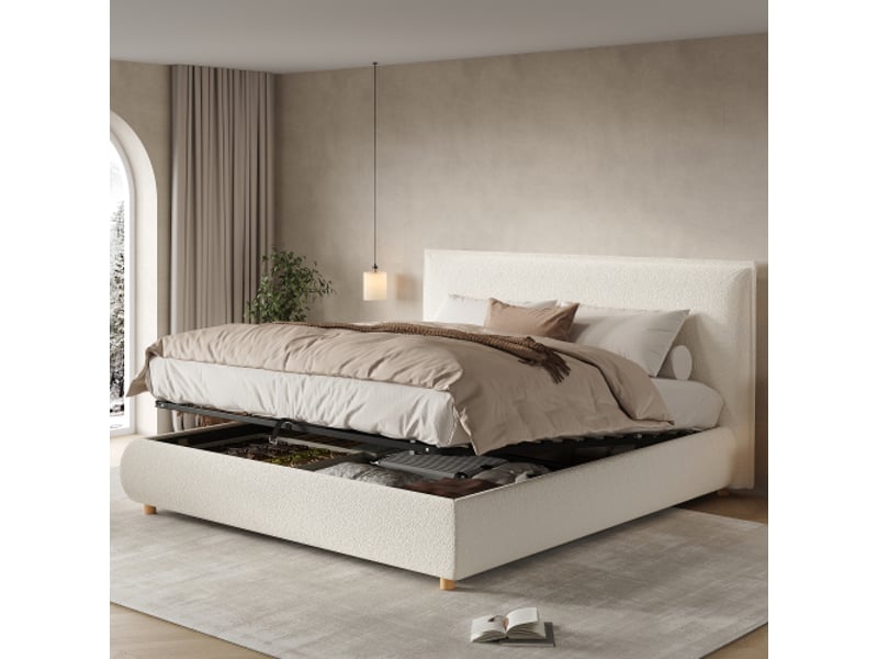  Lit coffre lit double 180x200 cm avec sommier hydraulique, tête de lit rembourrée et pieds bois massif, bouclette blanche  - Conforama B