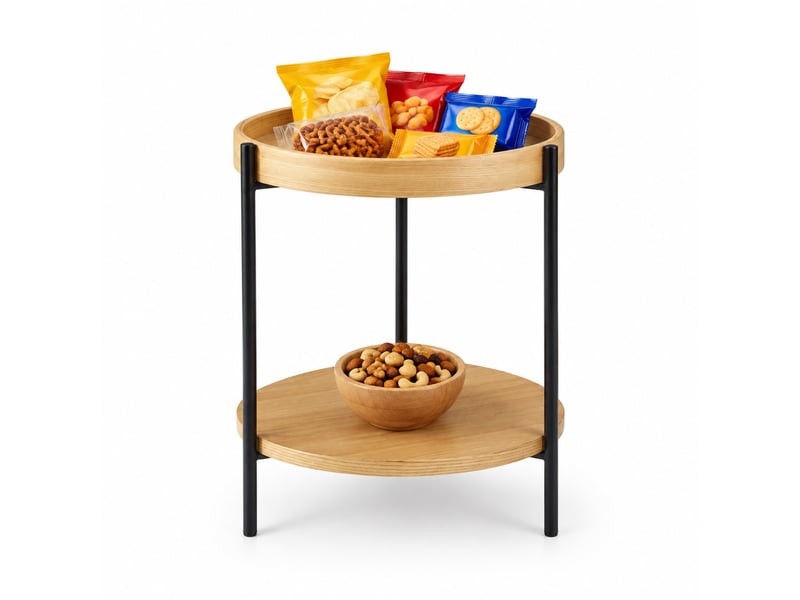  Table basse ronde à 2 plateaux de rangement - lpospi - piètement en métal noir, bois naturel, ø69×38 cm  - Conforama A