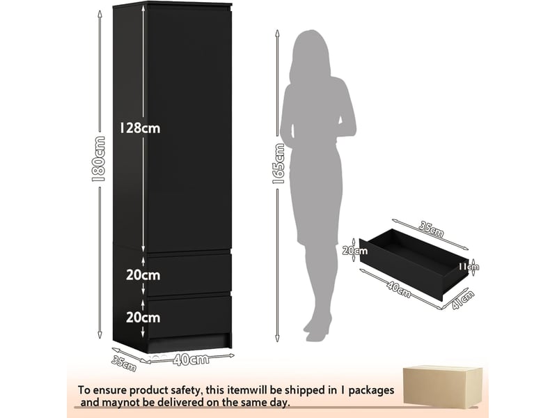 Armoire - wumagin - bois massif- avec 2 tiroirs, 4 compartiments - porte simple - 33x40x180cm - pour chambre, salon, entrée - noir - Conforama D