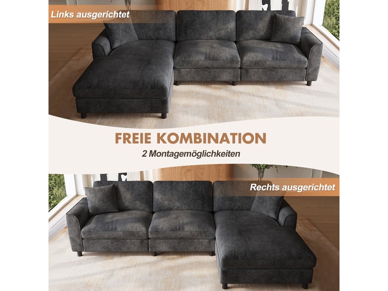  Canapé d'angle réversible 3 places avec méridienne large et assise à ressorts, chenille gris, 256×137×79 cm  - Conforama E