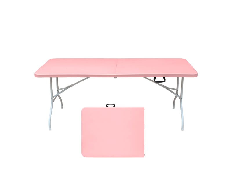  180cm portable heavy duty folding table with handle, foldable table, multi-functional fold up table for camping picnic parties indooroutdoor, capacity weight 135kg (pink)  - Conforama A